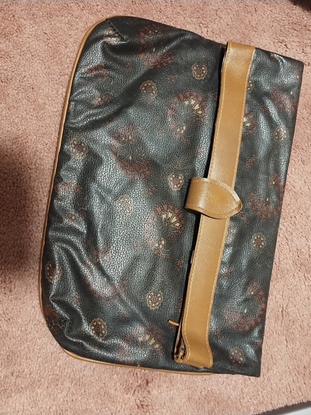 Women's Black Floral Leather Fold-Over Clutch with Tan Trim